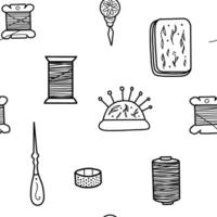 Sewing, Needlework tools Seamless Pattern. Tailors supply, Pad with Pins, Skeins and Spools, Thimble. Hand drawn illustration in doodle style. For Hobby or Handmade designs, Stitching Prints. vector