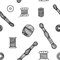 Needlework, Embroidery Threads Seamless Pattern. Hand drawn illustration of Skeins, Spools and Floss Mulin in doodle style. For Hobby or Handmade designs, manual Stitching Prints. vector