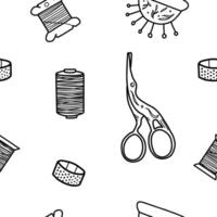 Seamless Pattern with Sewing, Needlework Tools. Dressmaking supply, Scissors, Skeins and Spools, Thimble and Needle Pad. Hand drawn illustration in doodle style. For Hobby or Handmade designs vector