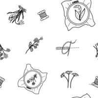 Needlework, Embroidery Seamless Pattern. Hand drawn illustration of Threads, Hoop with Canvas and stitched Flowers in doodle style. For Hobby or Handmade designs, manual Stitching Prints. vector