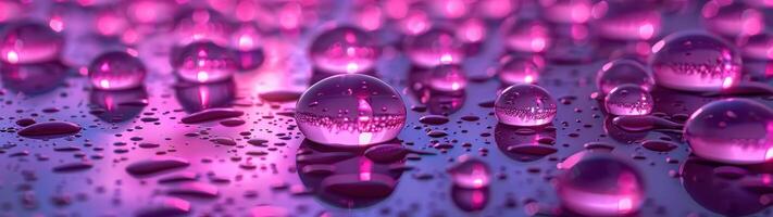 Pink and purple water droplets reflect magenta light, creating an ethereal, glowing background photo