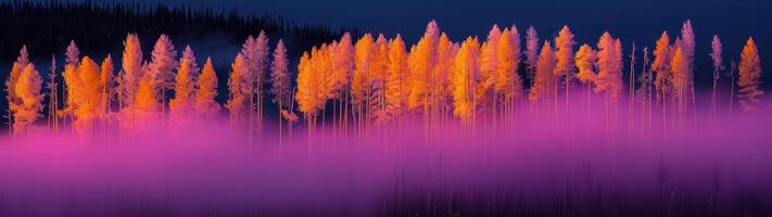 A dense larch forest glows in orange and purple hues against a dark blue sky, enveloped in morning fog with a warm blend of light photo
