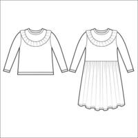 Dress with a flared skirt collection basic set of technical sketches for girls vector