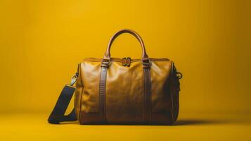 A brown leather duffel bag rests prominently on a bright yellow backdrop, showcasing its sleek design and sturdy handles, reflecting a modern aesthetic photo