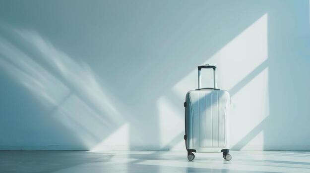 In a bright room, a single silver suitcase awaits, illuminated by sunlight streaming through windows, casting delicate shadows on the wall photo