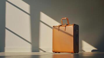 A vintage leather suitcase rests on a polished floor, illuminated by warm afternoon sunlight streaming through large windows. Its shadows stretch across the room photo