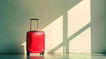 A single red suitcase is placed in a sunlit room, creating striking contrasts with shadows that stretch across the floor, evoking feelings of travel and adventure photo