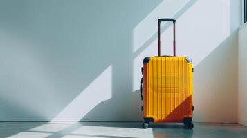 A vibrant yellow suitcase stands alone on a smooth floor, illuminated by soft afternoon sunlight filtering through a nearby window, creating striking shadows photo