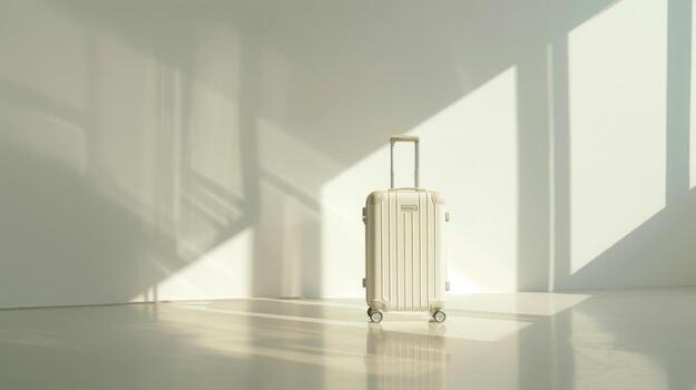 A white suitcase stands alone in a bright, minimalist space, casting shadows on the floor. Sunlight highlights its smooth surface, emphasizing simplicity and elegance photo