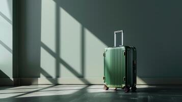 A green suitcase waits by itself in a spacious room. Bright morning light filters through the window, creating bold shadows on the floor and highlighting the suitcase's sleek design photo