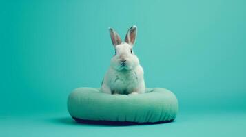 A premium rabbit bed sits centrally with a soft, inviting surface, creating an ideal resting area for a rabbit looking for comfort and warmth in a vibrant setting photo
