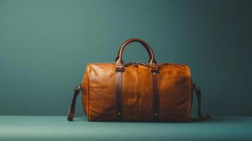 A well-crafted leather duffel bag in a warm brown color is showcased against a vibrant teal backdrop. The design highlights simplicity and elegance in travel accessories photo