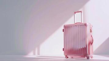 A pink suitcase is positioned against a pale wall, illuminated by warm sunlight that creates soft shadows on the floor, creating a serene and minimalistic atmosphere photo
