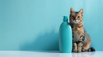 A stylish, unlabeled cat shampoo bottle is prominently displayed beside a playful tabby cat, both set against a vibrant turquoise backdrop, creating a captivating visual photo