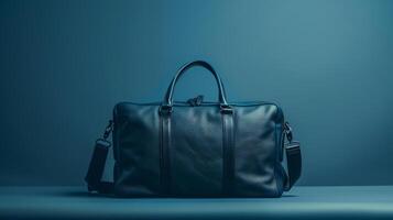 A sleek leather travel bag rests on a smooth surface, illuminated by soft blue light, showcasing its elegant design and sophisticated color, perfect for stylish getaways photo