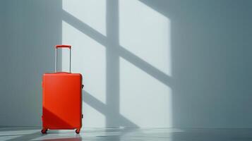 A vibrant red suitcase is positioned by itself in a well-lit contemporary space, casting distinct shadows on the wall. Sunlight creates a striking contrast photo