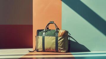 A travel bag is positioned against a vibrant geometric backdrop featuring bold colors and sharp shadows. It captures a modern and artistic vibe in daylight photo