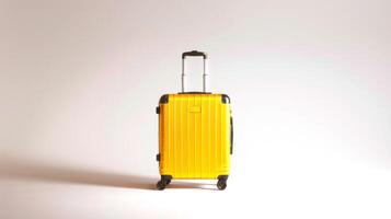 A vibrant yellow suitcase with a retractable handle and wheels is positioned upright, symbolizing readiness for a journey. Its sleek design offers practicality and style for any traveler photo
