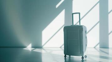 The suitcase stands unused in a well-lit room, with sunlight casting geometric shadows on the wall, suggesting anticipation of travel or adventure ahead photo