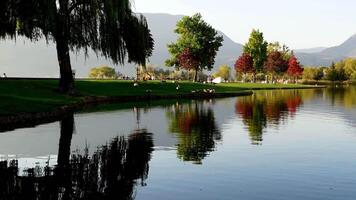 a lake with autumn trees and mountains in the background video