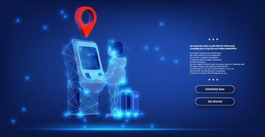 A traveler using a digital kiosk for navigation assistance in a modern airport setting at night vector