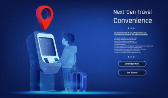 Next generation travel convenience with user interacting at a digital kiosk in a modern, futuristic setting vector