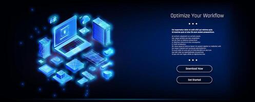 Visual representation of digital workflow optimization with technology elements and a laptop on a blue background vector