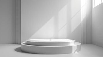 A bright interior features a smooth, circular display platform illuminated by soft light streaming through windows, creating a tranquil atmosphere for showcasing products photo