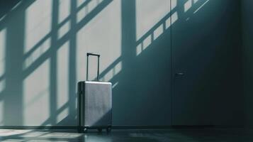 A lone suitcase stands in a minimalist room, illuminated by soft light filtering through a window. Long shadows stretch across the floor and wall, creating a serene atmosphere photo