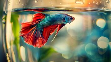 A colorful betta fish glides through clear water in a stylish fish tank accessory, surrounded by hints of green plant life, creating a serene aquatic environment photo