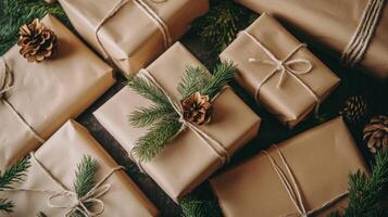 A collection of thoughtfully wrapped presents in craft paper, decorated with twine, pine branches, and cones, ready to bring joy for the New Year celebration photo