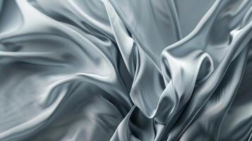 Soft, airy grey silk satin fabrics elegantly float, their smooth surfaces catching the light, revealing intricate folds and a luxurious drape that enhances their beauty photo