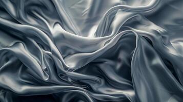 Soft grey silk satin fabrics are gracefully floating, revealing their smooth texture and elegant drape, perfect for upholstery or fashion design photo
