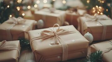 A charming new year backdrop showcases an arrangement of carefully wrapped craft paper presents adorned with twine, set against a backdrop of twinkling lights and greenery photo