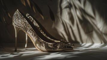 The luxurious high heels feature intricate embellishments that catch the light beautifully, cast shadows on the surface, and create an elegant atmosphere photo