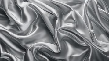 Silk satin fabrics in various shades of grey gracefully flow and curl, creating smooth, elegant textures. The soft sheen highlights the luxurious material's beauty photo