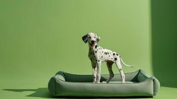 A Dalmatian puppy stands happily on a soft, premium dog bed that is centrally positioned against a vibrant green background, adding a playful touch to the setting photo