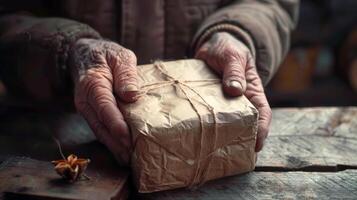 An elderly man's hands carefully package a gift for the New Year, showcasing a time-honored tradition of gift-giving in a warm, nostalgic space photo