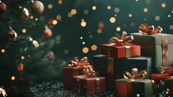 A festive arrangement of colorful presents sits, adorned with elegant ribbons, amidst twinkling lights and holiday decorations, ready for the new year's celebration photo