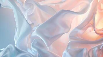 Delicate white silk satin fabrics cascade softly, showcasing their smooth texture and elegant draping. The gentle play of light and shadow enhances the luxurious feel of the fabric photo