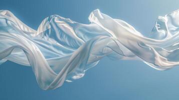 White silk satin cloths flow effortlessly in the air, beautifully suspended in a serene blue sky, creating an elegant and tranquil atmosphere photo