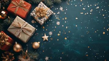 A vibrant new year backdrop showcases an arrangement of beautifully wrapped presents, sparkling decorations, and festive ornaments, perfect for celebrating the season photo