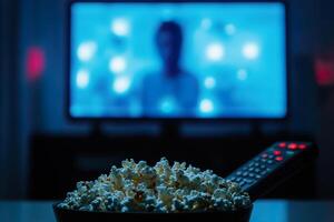 Relaxing evening with popcorn and a remote control in front of the TV. photo