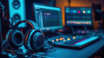 A contemporary music studio filled with advanced equipment and software for music creation photo