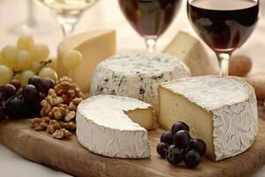 An arrangement of various cheeses paired with French wines, garnished with grapes and nuts photo