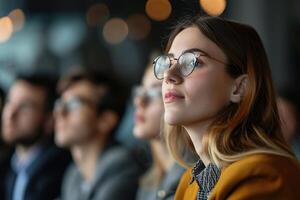 Close up of a young woman attentively listening to a presentation in an office setting. photo