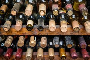 Traditional wineskins of various colors and textures are displayed in a cozy artisan setting photo