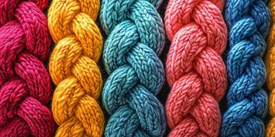 Intricate knitted texture displays a vibrant array of braided patterns in multiple colors photo