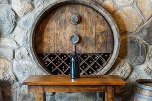 Elegant wine cellar featuring a barrel table and rustic charm for gatherings and tastings photo