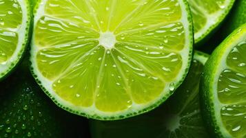Freshly cut lime slices display vivid colors and glistening textures on a bright lime backdrop photo